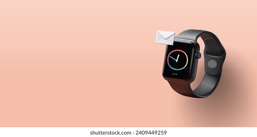 Smart watch 3d render illustration with analog clock face and message notification envelope hanging above svg