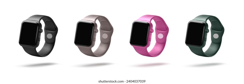 Smart watch 3d render mockup vector illustration in four glossy luxury colours svg