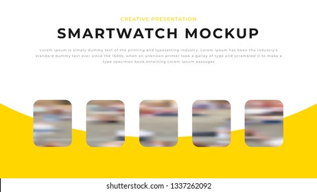 Smart Watch with 5 option presentation design with yellow shapes & photos on white background. Editable annual report flyer leaflet corporate presentation Power Point PPT template. Simple webpage
