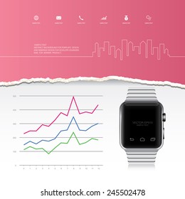 Smart watch with abstract ripped paper and business graph. Vector infographic background for template design.