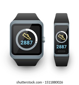 Smart watch and activity fitness tracker with steps counter app on screen. Vector illustration