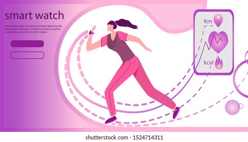 Smart watch advertising concept template. Slender girl runs. She has a smartwatch on her wrist. Using modern technology to improve the quality of life. Vector background. Sport lifestyle image