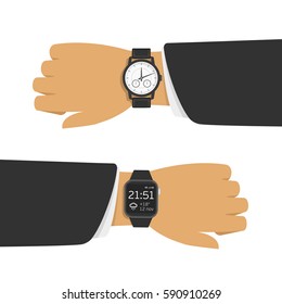 Smart watch and analog watch on businessman hand. Two different types of watches on the arm. Vector illustration in flat style. EPS 10.