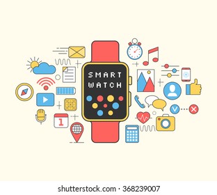 Smart watch with app icons. New technology electronic device. Wrist digital watch media. Line style Modern flat design vector illustration for veshego design web banners, pages or brochures