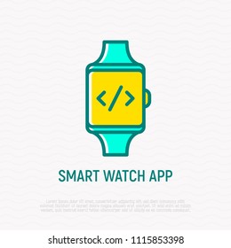 Smart watch app thin line icon: symbol of coding on screen. Modern vector illustration.