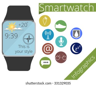 Smart watch. Application icons and function of smart hours. Fitness Tracker. Infographics. Vector illustration in a flat style. 
