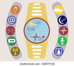 Smart watch. Application icons and function of smart hours. Fitness Tracker. Infographics. Vector illustration in a flat style.