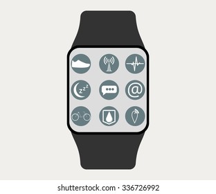 Smart watch. Application icons and function of smart hours. Fitness Tracker. 