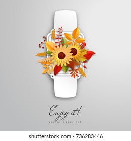 Smart watch with autumn composition. Paper cut design. Mockup with shadows and elements for design