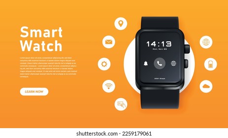 Smart watch banner. Landing page design. Device and gadget, modern technology and innovation. Internet and wireless connection, bracelet for check heart rate and steps. Realistic vector illustration