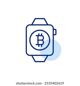 Smart watch with bitcoin symbol on it. Mobile access to financial assets. Cryptocurrency eco-system. Pixel perfect vector icon