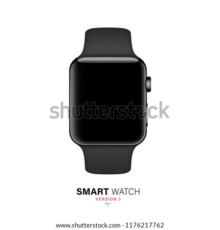 smart watch black color with silicone band isolated on white background. realistic and detailed stainless steel clock mockup. stock vector illustration
