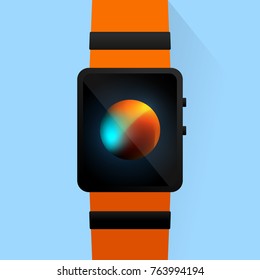 Smart watch black, orange color with planet image on display on blue background with shadow. Flat style icon for print, web, marketing materials and presentation. Modern device vector illustration