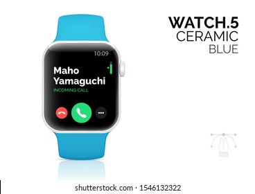 Smart watch with blue bracelet realistic vector illustration. Modern wristwatch mock up. Portable gadget 3d isolated design element. Smartwatch income call, Internet connection