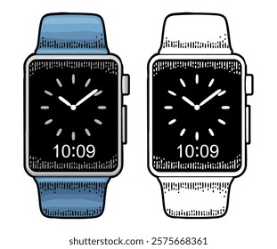 Smart watch with blue bracelet. Vintage vector color engraving illustration for info graphic, poster, web. Isolated on white background.