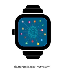 Smart watch with brain abstract silhouette and different icons