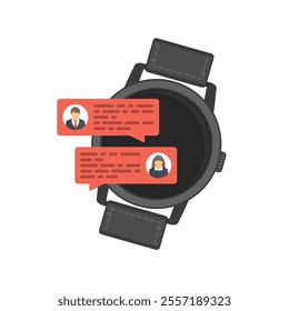Smart watch with bubbles message on screen. Chatting with chatbot on digital watches. Communication concept in flat style.