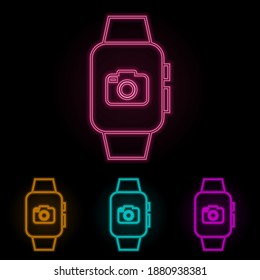 reloj inteligente con juego de neón color de cámara. Línea delgada simple, vector de contorno de iconos web para ui y ux, sitio web o aplicación móvil