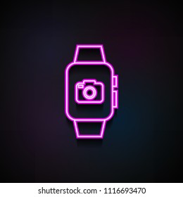 smart watch with camera icon. Element of Minimalistic  icons for mobile concept and web apps. Neon smart watch with camera icon can be used for web and mobile on dark gradient background