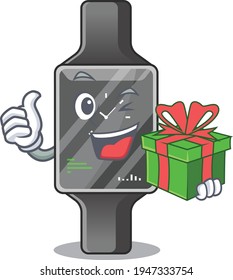 Smart watch cartoon character concept with a big gift box. Vector illustration