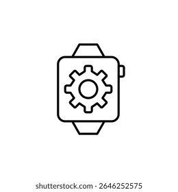 Smart watch and cogwheel. Device settings, wearable configuration, fitness tracking setup, smart features control, personalized notifications. Pixel perfect, editable stroke vector icon