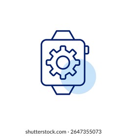Smart watch and cogwheel. Device settings, wearable configuration, fitness tracking setup, smart features control, personalized notifications. Pixel perfect, editable stroke vector icon