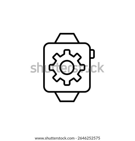 Smart watch and cogwheel. Device settings, wearable configuration, fitness tracking setup, smart features control, personalized notifications. Pixel perfect, editable stroke vector icon