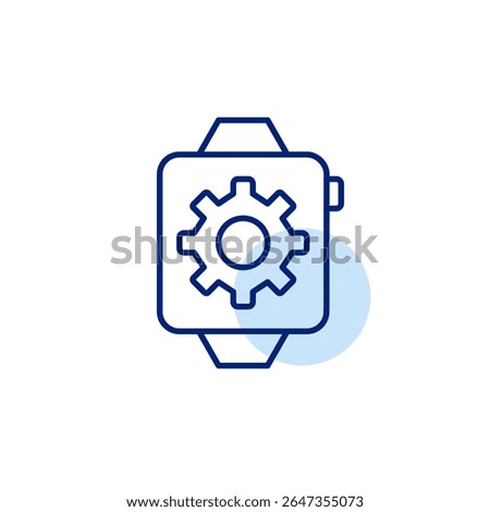 Smart watch and cogwheel. Device settings, wearable configuration, fitness tracking setup, smart features control, personalized notifications. Pixel perfect, editable stroke vector icon