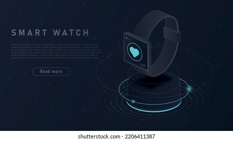 Smart watch concept. Gadget and device. Modern technologies and digital world, cyberspace. Equipment for cardio traininig and assessing pulse and heartbeat. Isometric neon vector illustration