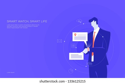 Smart watch concept. Smart watch and smart home devices icons. Consumer and connected devices. Simple vector illustration.