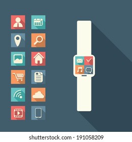 Smart watch concept with icons in moder flat design with long shadows. Eps10 vector illustration.
