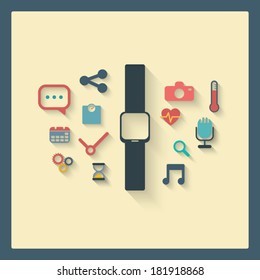 Smart watch concept with icons in modern flat design. Eps10 vector illustration