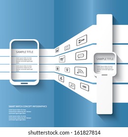 Smart watch concept illustration infographics with applications icons in 3d space. Eps10 vector illustration