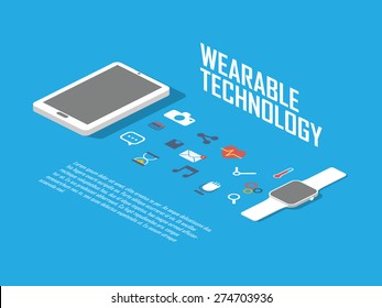 Smart watch concept illustration. Smartwatch and smartphone as wearable technology with icons for apps interface. Eps10 vector illustration.