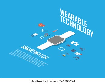 Smart watch concept illustration. Smartwatch and smartphone as wearable technology with icons for apps interface. Eps10 vector illustration.