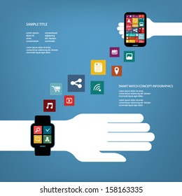 Smart watch concept vector illustration with various applications icons suitable for presentations, infographics, promotion, advertising, etc.