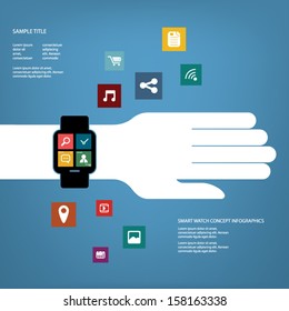 Smart watch concept vector illustration with various applications icons suitable for presentations, infographics, promotion, advertising, etc.
