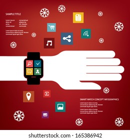 Smart watch concept vector illustration with various applications icons suitable for presentations, infographics, promotion, advertising, etc. Christmas version