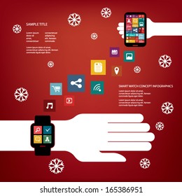 Smart watch concept vector illustration with various applications icons suitable for presentations, infographics, promotion, advertising, etc. Christmas version