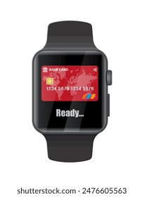 Smart watch contactless payments. Smartwatch modern device. Wireless, contactless or cashless payments, rfid nfc. Vector illustration in flat style