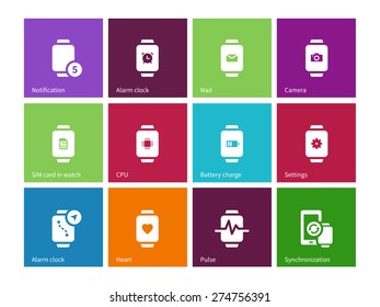 Smart watch with CPU icons on color background. Vector illustration.