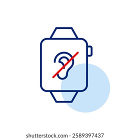 Smart watch with a crossed-out ear, website with no sound or muted audio content. Silent user mode, no voice commands. Pixel perfect, editable stroke vector icon