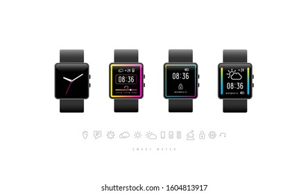 Smart watch design and icons in thin line style. Isolated on white background. Square shape