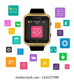 Smart Watch device display with app icons. Isolated on white background.