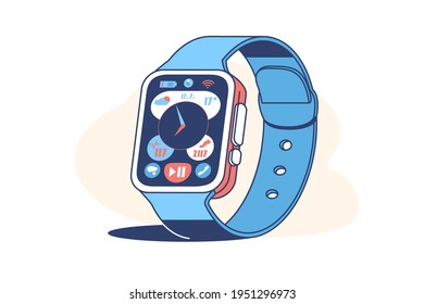 Smart watch device display with app icons vector illustration. Fitness tracker flat style. Blue colour of accessory. Modern technology concept. Isolated on white background
