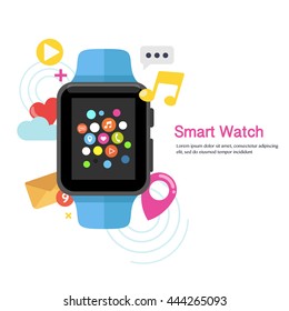 Smart watch device display  with app icons.  Smart watch technology . Flat design vector illustration

