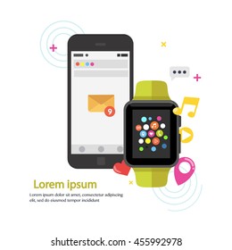 Smart watch device display with app icons and smartphone. Smart watch technology . Flat design vector illustration