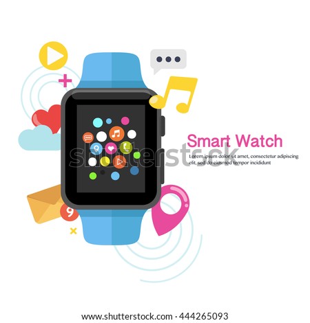Smart watch device display  with app icons.  Smart watch technology . Flat design vector illustration


