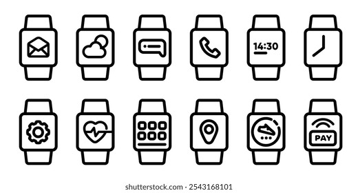 smart watch device wearables icon set line round phone time heart rate step monitor payment symbol interface set collection