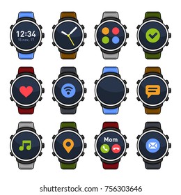 Smart Watch with Different Apps on Screen Icons Set. Vector